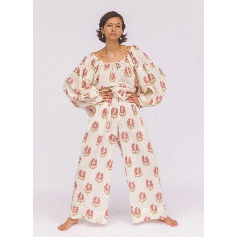 Daughters of India Ria Pants Strawberry Cream Floral Cotton Wide Leg XL